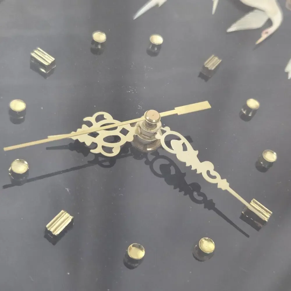 Vintage Asian Mother of Pearl Bird Lacquer Wall Clock 12” Japanese Crane Black